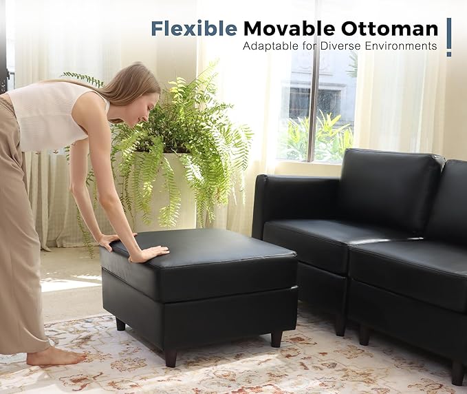 118.5" Faux Leather Modular Sectional Sofa, L Shaped Couch Set for Living Room, 5-Seater Comfy Cloud Couches with Movable Storage Ottoman,DIY Combination - Black-HomvellaHome