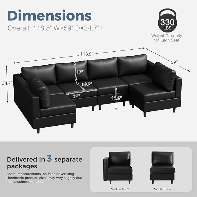 118.5" Faux Leather Modular Sectional Sofa with Storage Seat, Modern 6 Seater Couch Deep Seat with Removable Cover DIY Combination Black-HomvellaHome