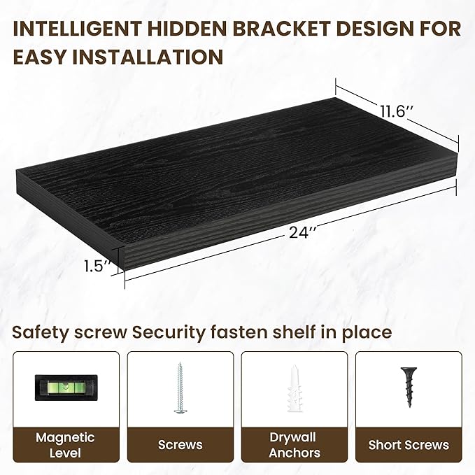 12 Inch Deep Floating Shelves, 24 Inch Long Floating Shelves for Wall, Floating Shelf with Invisible Brackets, Deep Shelves for Bathroom, Bedroom, Living Room, 2 Pack, Black-HomvellaHome