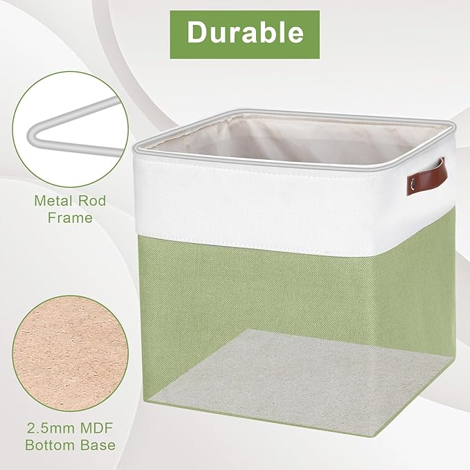 13x13 Cube Storage Bins, Collapsible Fabric Storage Box, 4 Pack Closet Baskets with Handles for Organizing, Shelf, Toys, Clothes, Home, Office, Nursery (Green&White)-HomvellaHome