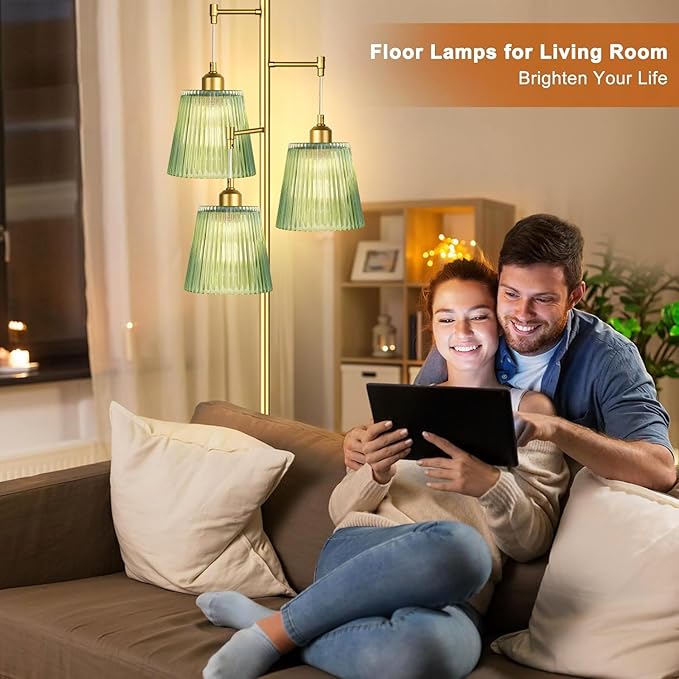 Gold Floor Lamp for Living Room,Bedroom,Mid Century Modern Standing Lamp Brass Tree 3 Light Tall Floor Lamps Vintage Retro Floor Lights Glass Green Flower Lamp Shade Farmhouse Boho Bohemian-HomvellaHome