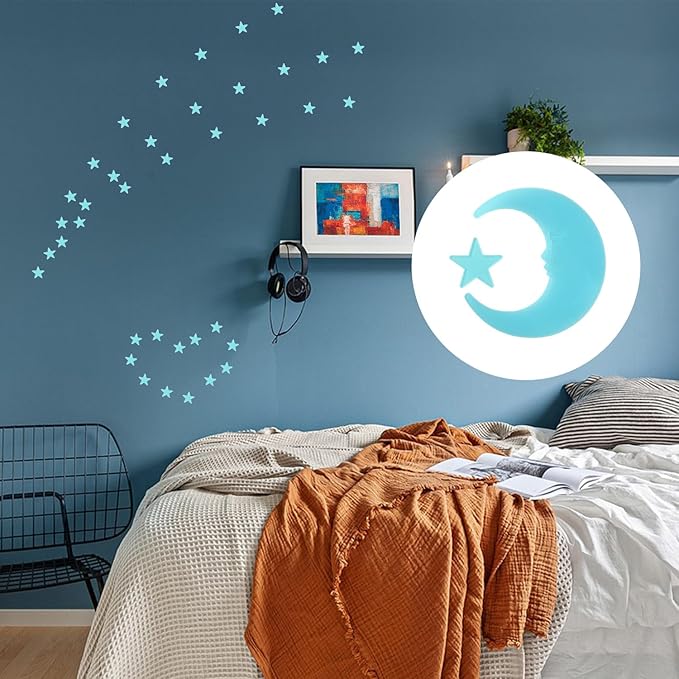 100 Stars and 1 Moon Glow in The Dark Luminous Fluorescent 3D Plastic Glow Stars Moon for Ceiling, Glowing Wall Stickers Create a Realistic Starry Sky, Room Decorations (Blue)-HomvellaHome