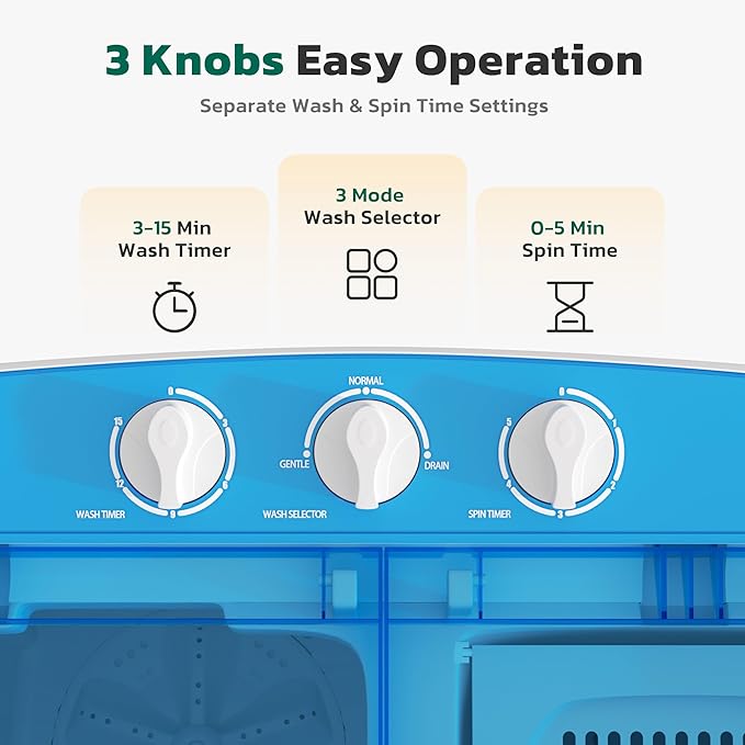Greenvelly Portable Washing Machine, 16 Lbs Compact Mini Washer and Dryer Combo, Semi-automatic Twin Tub Washer with Drain Pump for Dorms, Apartments, RVs (Blue)-HomvellaHome