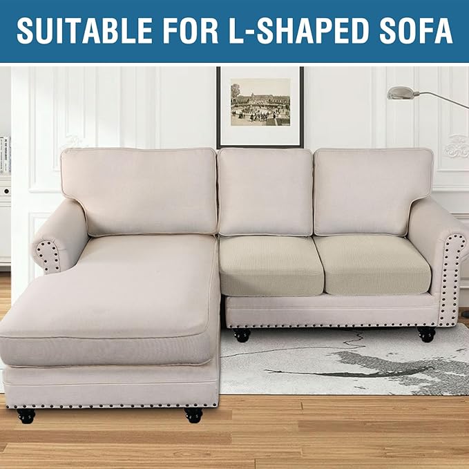 H.VERSAILTEX Super Stretch Individual Seat Sofa Covers Couch Slipcover Sets Thick Jacquard Textured Twill Fabric (2 Piece Medium Sofa Cushion Covers, Natural)-HomvellaHome