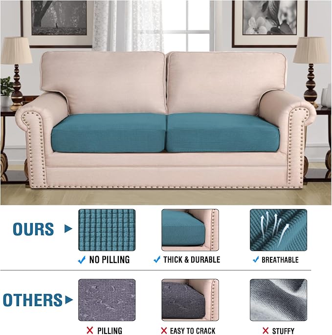 H.VERSAILTEX Super Stretch Individual Seat Cushion Covers Sofa Covers Couch Cushion Covers Slipcover Sets Thick Jacquard Textured Twill Fabric (2 Piece Large Sofa Cushion Covers, Storm Blue)-HomvellaHome