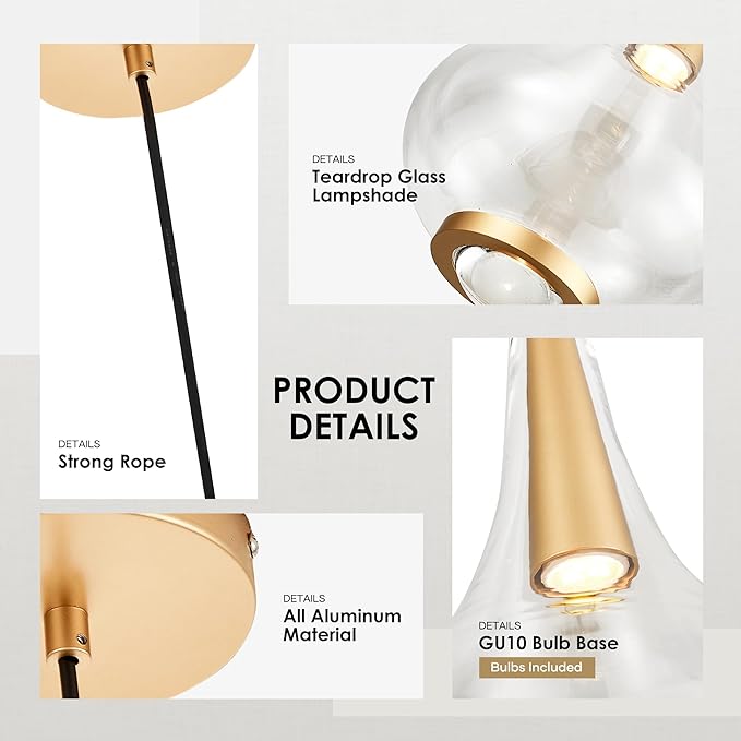 1-Light Teardrop Pendant Light, Brass Gold Ceiling Hanging Light Fxitures, LED Light Fixtures Ceiling Glass Pendant Lighting for Kitchen Island Dining Room Bar-HomvellaHome
