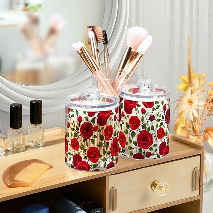 2 Pack Qtip Holder Dispenser Red Rose Flowers Bathroom Storage Canister Lid Acrylic Plastic Apothecary Jar Set Vanity Makeup Organizer for Cotton Swab/Ball/Round Pads, Floss-HomvellaHome