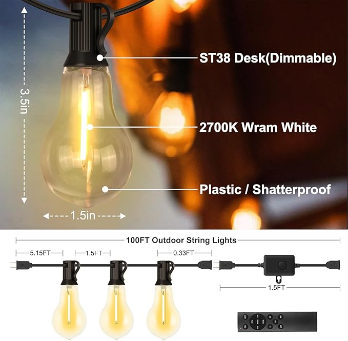 100FT Outdoor String Lights Waterproof with 64+4 Bulbs (1.5FT Bulbs Spacing), Remote & Dimmer, Commercial Patio String Lights with 3 Mode Light & Timing, 100PC Mounting Ties for Outside-HomvellaHome