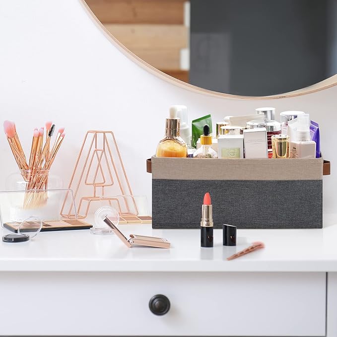 GhvyenntteS Small Fabric Storage Bins 12 Pack, 11.8" x 7.87" x 5.11" Storage Basket with Leather Handles, Closet Storage Bins for Shelves, Storage Baskets for Shelves, DVD Storage (Grey&Beige Yellow)-HomvellaHome