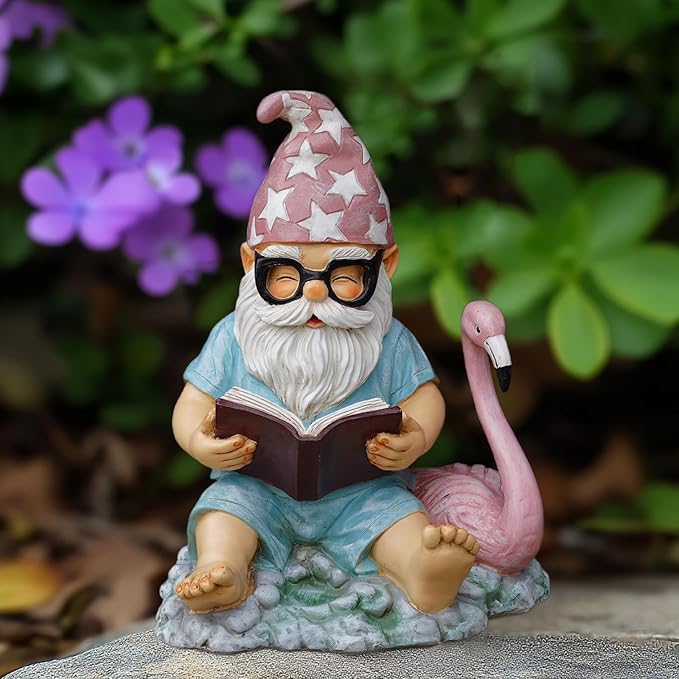 Gnome Statue Garden Decor, Resin Gnome and Flamingo Figurines Outdoor Decorations for Yard Art Porch Lawn Ornaments, Unique Housewarming Gifts-HomvellaHome