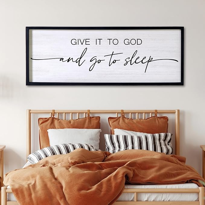 Give It to God and Go to Sleep Decorative Rustic Sign & Plaque Framed Wall Art for Couples, 40''×15'' Cottagecore Wooden Horizontal Wall Decor Above Bed, Vintage Farmhouse Wedding Gift for Bedroom-HomvellaHome