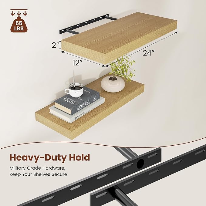 12 Inch Deep Floating Shelves 24 inch Long, 24 x 12 Wide Wall Shelves with Invisible Brackets, Heavy Duty Shelf for Bedroom Bathroom Living Room Kitchen Office Home Decor, Modern Shelf Set of 2, Oak-HomvellaHome