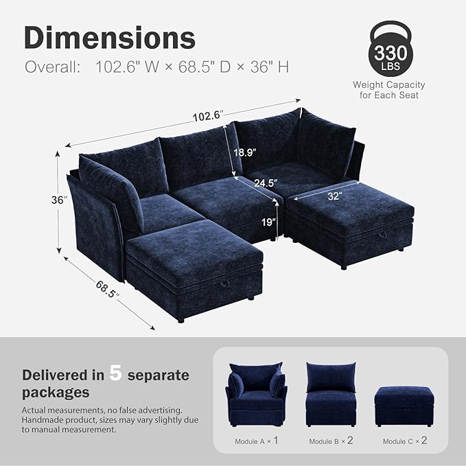 102.6" U Shaped Modular Sectional Sofa, 5 Seater Couch with Storage Ottoman Deep Seat and High Backrest with Removable Cover for Living Room, Apartment - Chenille Blue-HomvellaHome