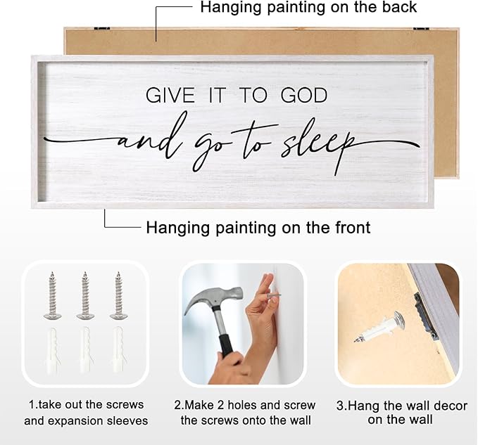 Give It to God and Go to Sleep Decorative Rustic Sign & Plaque Framed Wall Art for Couples, 40''×15'' Vintage Farmhouse Wooden Horizontal Wall Decor Above Bed, Cottagecore Wedding Gift for Bedroom-HomvellaHome
