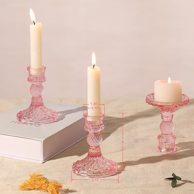 12Pcs Pink Candlestick Holders Set- 4" H Taper Candle Holders Bulk, Glass Candle Holders for Wedding, Party, Romantic Dinner Table Centerpieces, Festival Gifts & Windowsill Decor-HomvellaHome
