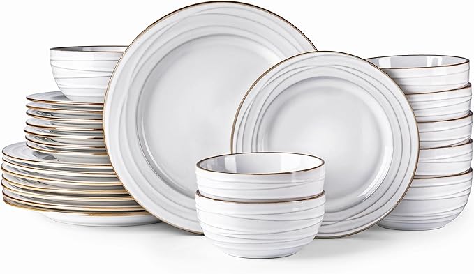 GBHOME Ceramic Dinnerware Sets, 24 pcs Embossed Elegant Stoneware Plates and Bowls Sets, Housewarming Wedding Gift | Dishwasher & Microwave Safe | Dishes Set Service for 8-HomvellaHome