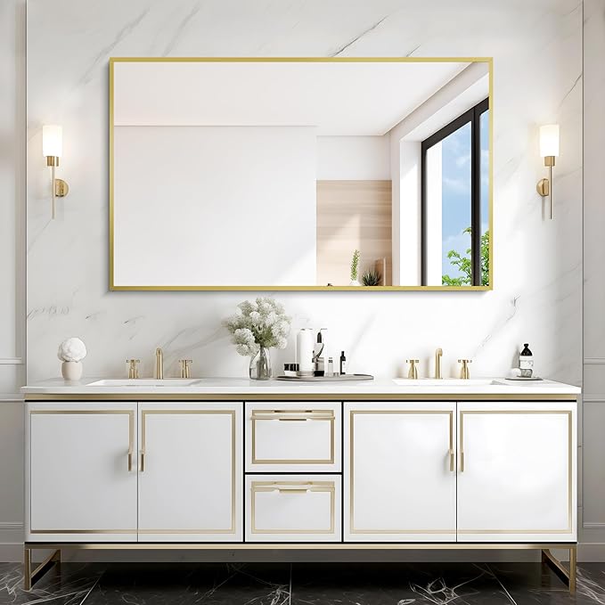 Gold Bathroom Mirror for Wall, 30x48 Inch Rectangle Mirrors with Metal Frame, Modern Vanity Wall Mirror Decor for Bathroom Living Room, Entryway Hangs Horizontal or Vertical-HomvellaHome