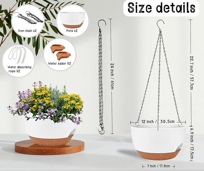2 Pack 12 Inch Large Hanging Planters with Chains Self Watering White Brown Plastic Hanging Pots for Indoor Outdoor Plants, Garden Porch Home Decor，White Brown-HomvellaHome