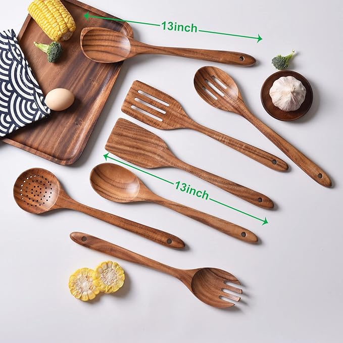 Gudamaye 13 inch Long Wooden Utensils for Cooking, Long Handle Wooden Spoons for Cooking, 7 PCES Crafting Wooden Spoon Set, Wooden Kitchen Utensil set, Natural Teak Wooden utensil Set-HomvellaHome
