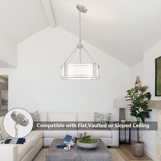 16.3''Drum Chandelier 3-Light Brushed Nickel Modern White Fabric Chandeliers Adjustable Drum Pendant Light for Dining Room Kitchen Island Hallway Living Bedroom-HomvellaHome