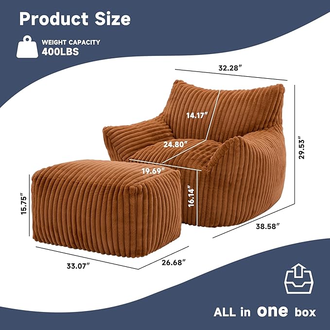 Giant Bean Bag Chairs for Adults, Oversized Chaise Lounge Chair Indoor with Memory Foam - Plush Boneless Lounger & Ottoman for Bedroom, Living Room, Gaming & Reading, Lazy Floor Sofa Chair, Orange-HomvellaHome