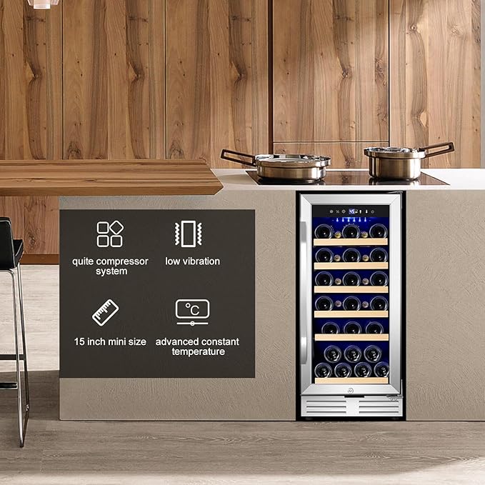 15 Inch Wine Fridge 32 Bottles Wine Cooler Refrigerator Undercounter Wine Fridge with Glass Door, LED Light, Removable Wooden Shelves, Built-in or Freestanding Wine Refrigerator for Home Office Bar-HomvellaHome