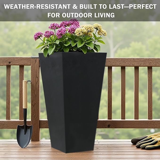 GreenShip 27" Tall Planters, Set of 2 – Black Outdoor Planter for Front Porch & Tall Plants, Weather-Resistant, with Drainage Hole & Rubber Plug (No Plants Included) (Black-2pcs)-HomvellaHome