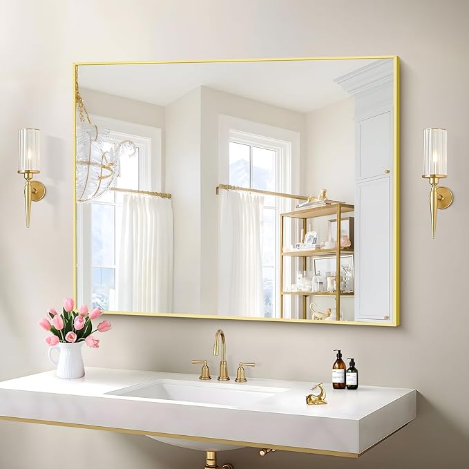 Gold Bathroom Mirror for Wall, 30x36 Inch Rectangle with Metal Frame, Modern Vanity for Bathroom Living Room, Entryway Hangs Horizontal or Vertical-HomvellaHome