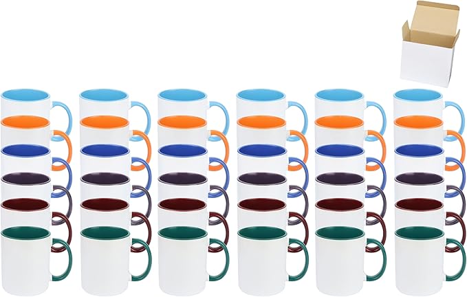 11oz White Ceramic Sublimation Coffee Mug in White Gift Box, 6 New Mixed Colors, Case of 36-HomvellaHome
