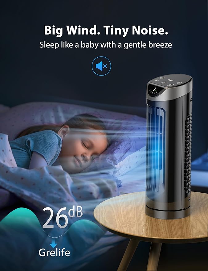 Grelife Tower Fan with Remote Control, Fast Cooling Desktop Fan, 90° Oscillation, 3 Speeds, 3 Wind Modes, Touch Screen, Auto Timer, Ideal for Home, Office Bedroom-HomvellaHome