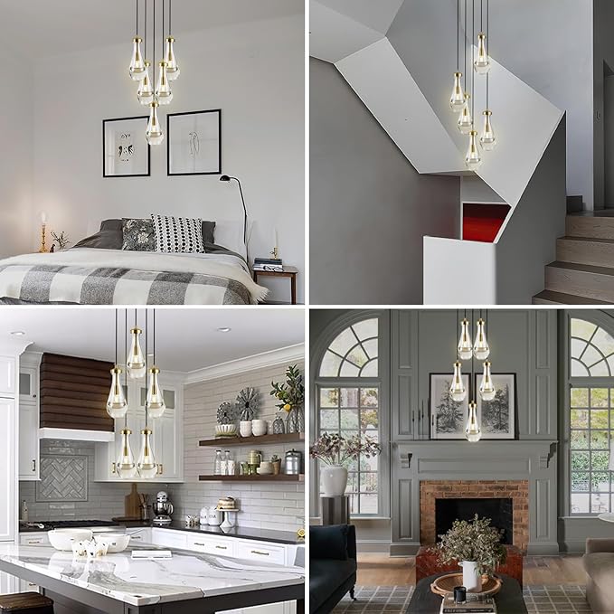 Gold 5 Light Cluster Pendant Lighting, Raindrop Chandeliers Brass Dining Room Lights Fixture, Teardrop Pendant Lights Kitchen Island, Hanging Lamp Ceiling for Entryway Foyer Staircase-HomvellaHome