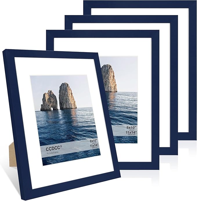 11x14 Picture Frame Set of 4, 11 x 14 Wood Photo Frames with Mat for 8x10, Natural Wooden Frame with Real Glass Cover for Wall and Tabletop Display,Blue-HomvellaHome