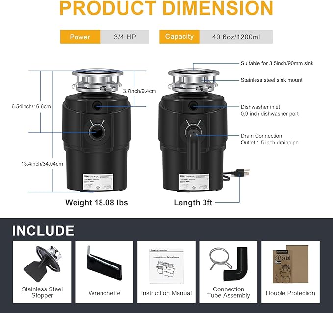 Garbage Disposal 3/4 HP Ultra Quiet powerful grinding Kitchen Food Waste Disposer with Power Cord Easy install, AC Motor Unit Continuous Feed Stainless Steel Grind 0.75 Horsepower (MAX-5)-HomvellaHome