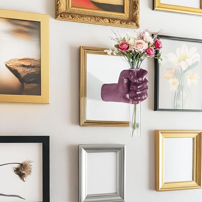 Creative Wall Hanging Sculpture, Artistic Wall Hanging Hand Sculpture with Test Tube vases, Home Decoration Hand Against Wall (Purple)-HomvellaHome