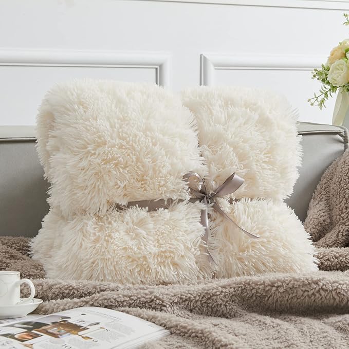 GONAAP Fuzzy Faux Fur Throw Blanket Ivory Super Soft Cozy Plush Fuzzy Shaggy Blanket for Couch Sofa Bed (Ivory, Throw(40"x50"))-HomvellaHome