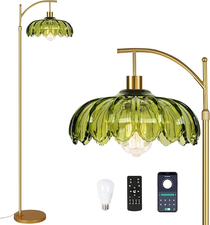 Gold Floor Lamps for Living Room Glass Vintage Floor Lamp with Remote Control,Dimmable Mid Century Modern Standing Lamp with 3 Color Temperature Tall Flower Lamp Brass Floor lamp for Bedroom Corner-HomvellaHome
