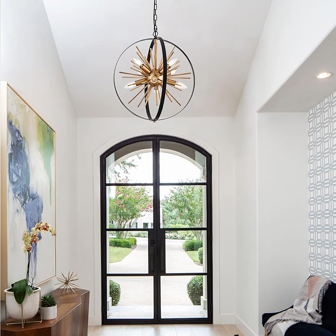 17.72'' Black Gold 8-Light Globe Sputnik Chandelier Modern Industrial Adjustable Hanging Ceiling Firework Pendant Light Fixture for Entryway Stairway Kitchen Dining Living Room Hallway-HomvellaHome