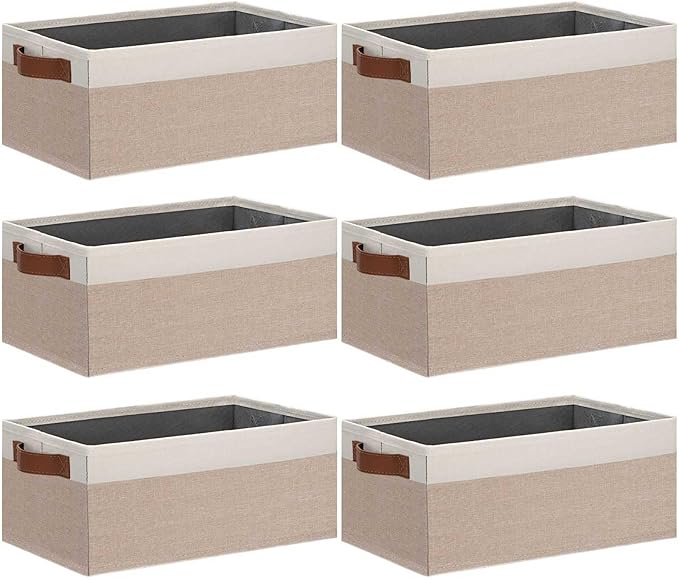 GhvyenntteS Small Fabric Storage Bins 6 Pack, 11.8" x 7.87" x 5.11" Storage Basket with Leather Handles, Closet Storage Bins for Shelves, Storage Baskets for Shelves, DVD Storage (Pink/White)-HomvellaHome
