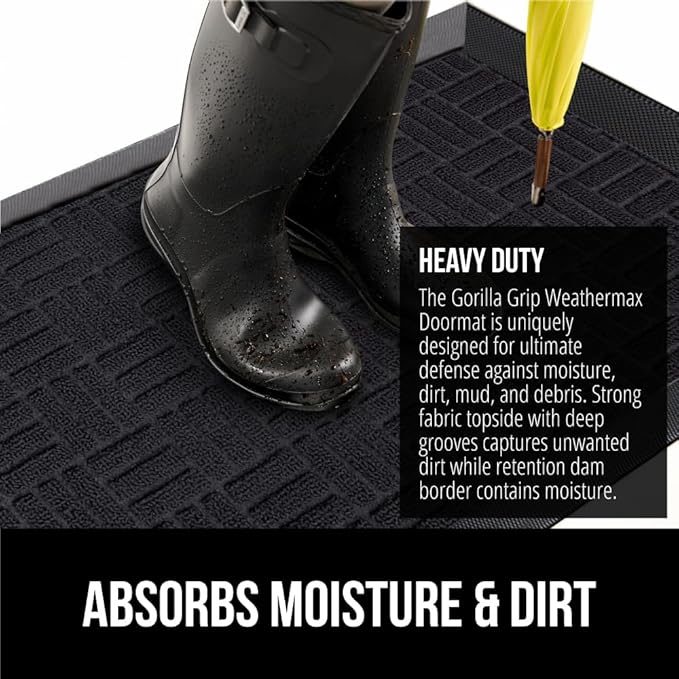 GORILLA GRIP 100% Waterproof All-Season WeatherMax Doormat, 47x35, US Designed Natural Rubber, Stain and Fade Resistant, Low Profile Indoor Outdoor Door Mats, Easy Clean Patio Mat, Midnight Maze-HomvellaHome