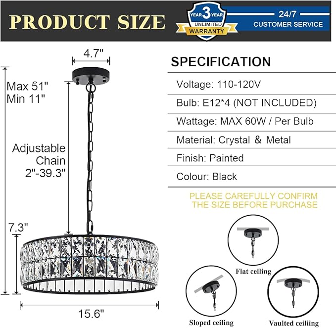 16” 4-Light Modern Crystal Chandeliers Black Dinning Room Light Fixture, Round Pendant Light Kitchen Island Chandelier, Flush Mount Ceiling Light for Living Room Entryway Bedroom Foyer-HomvellaHome