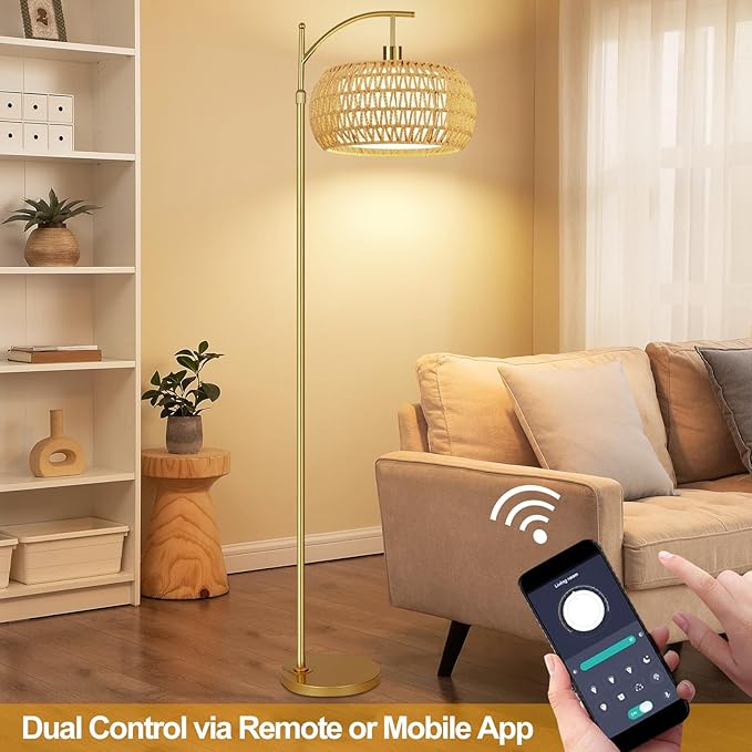 Gold Floor Lamps for Living Room Rattan Boho Floor Lamp with Remote Control,Dimmable Arc Floor Lamp Wicker LampShades Brass Standing Lamp with 3 Color Temperature Tall Floor Lamps For Bedroom Corner-HomvellaHome
