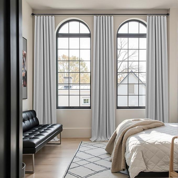 100 Percent Blackout Sliding Glass Door Curtains 120 Inches Long 2 Panels 10 FT Theater Floor to Ceiling Drape Linen Cotton Textured Luxury Curtains Farmhouse Black Out Light Grey Gray White Back Tab-HomvellaHome