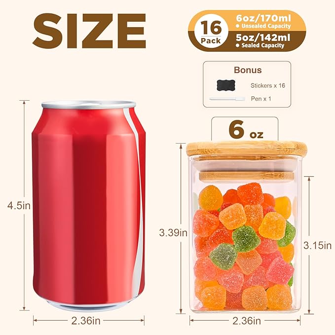 Glass Food Storage Jars Square 6oz, 16 Pack Glass Jars With Bamboo Lids, Kitchen Storage Containers For Spice, Candy, Cookie, Storage For Pantry Organizers-HomvellaHome