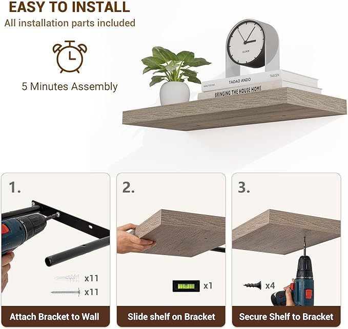 16 Inch Floating Shelves, 3D Textured Wood Grain, 16"x9.25"x1.5" Inch Deep Floating Shelves for Wall, Wooden Shelves for Bathroom, Bedroom, Living Room, Vintage Gray Oak-HomvellaHome