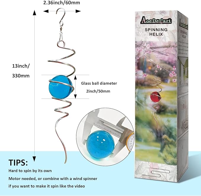 Gazing Ball Spiral Decorative Wind Spinner Tail with Blue Glass Orb,Wind Spinner Spiral Stabilizer,Hanging Visual Illusion in Spinning Yard Art Decor,Indoor Outdoor Garden Decoration-13 in-HomvellaHome