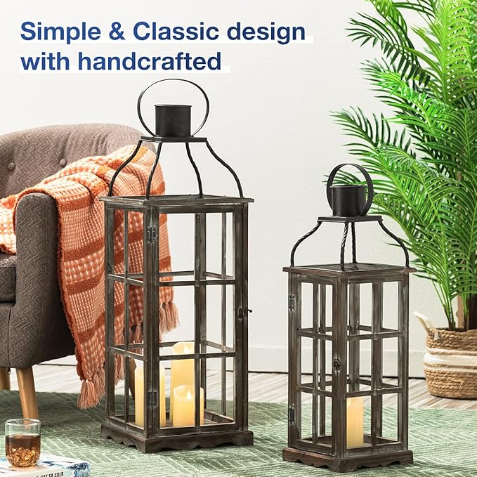 Glitzhome Farmhouse Oversized Wood Metal Lanterns Decorative Hanging Candle Lanterns Set of 2, Black (No Glass)-HomvellaHome