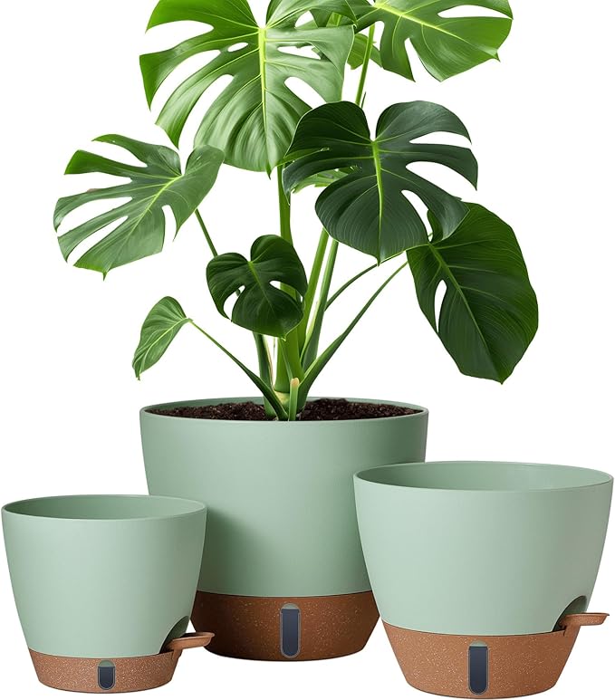 12/10/8 Inch Self Watering Pots for Indoor Plants Plastic Large Plant Pot for Outdoor Plants, Water Level Window & Spacious Reservoir Flower Pots Decorative Planter with Drainage and Tray (Green)-HomvellaHome