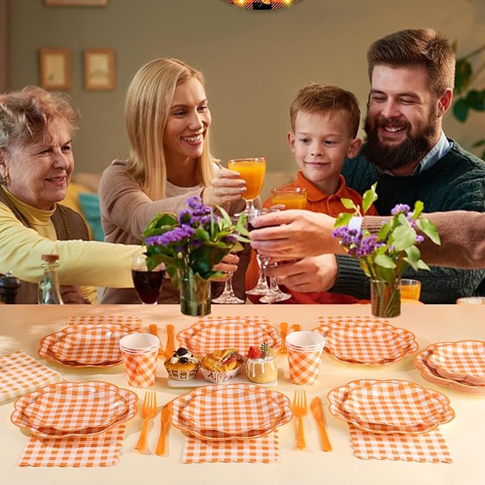 175 Pcs Orange and White Gingham Party Supplies - Orange Gingham Paper Plates and Napkins Sets Serve 25 - Scalloped Checkered Plates for Birthday Picnic Fall Halloween Thanksgivng Party Decorations-HomvellaHome