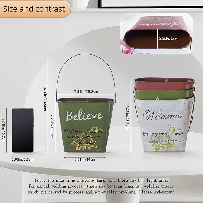 GDYOOSHOW 3Pcs 7.4" Tall Galvanized Metal Hanging Planter Rustic Wall Flower Bucket Echelon Wall Pot for Garden Balcony Indoor or Outdoor-HomvellaHome