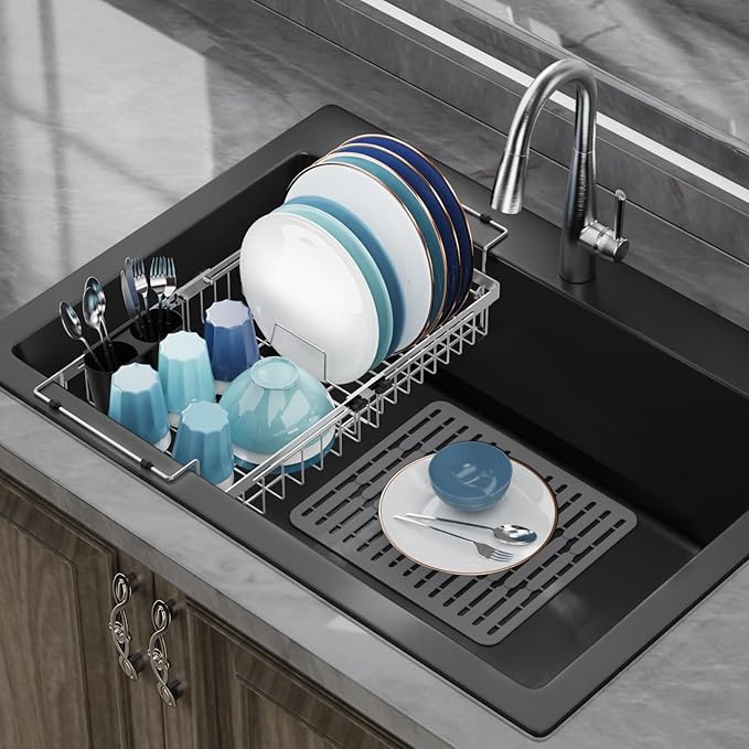 GSlife Expandable Sink Dish Drying Rack - Stainless Steel Capacity Adjustable Over The Sink Dish Rack (13.4''-20.4'') with Sink Mat and Utensil Holder, Silver-HomvellaHome